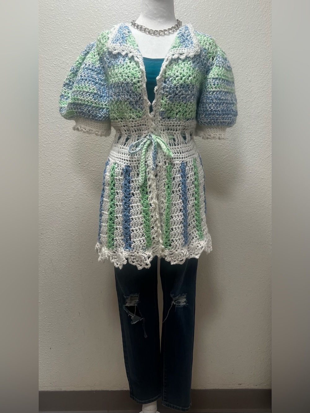 Hand-Crocheted Women’s Short Sleeve Tie-Waist Top — Blue, Green & White